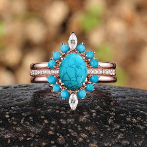 3pcs Oval Turquoise Engagement Ring Set Vintage Western Turquoise Wedding Ring Curved Wedding Band Custom Anniversary Rings For Women
