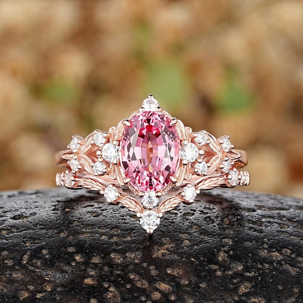 Oval Pink Sapphire Engagement Ring Vintage Gold Nature Inspired Promise Rings For Women Curved Moissanite Leaf Wedding Band Anniversary Ring