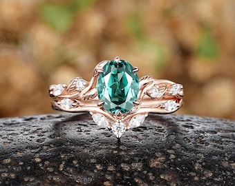 Oval Green Sapphire Engagement Ring Set 14k Gold Moissanite Leaf Wedding Ring Custom Nature Inspired Anniversary Promise Rings For Women