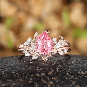 Pear Shaped Pink Sapphire Engagement Ring Set, 14k Gold Leaf Nature Inspired Anniversary Ring Gift, Custom Wedding Promise Rings For Women