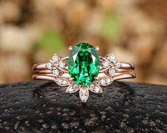 Oval Green Garnet Engagement Ring Set, 14k Gold Tsavorite
