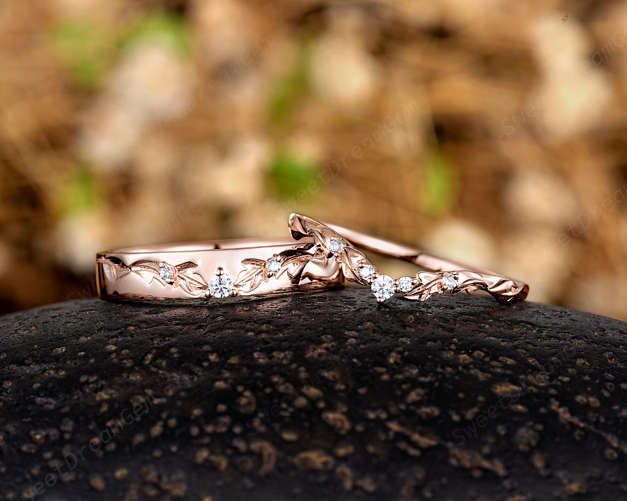 Vintage Leaf Inspired Couple Ring Set Diamond Anniversary Rings