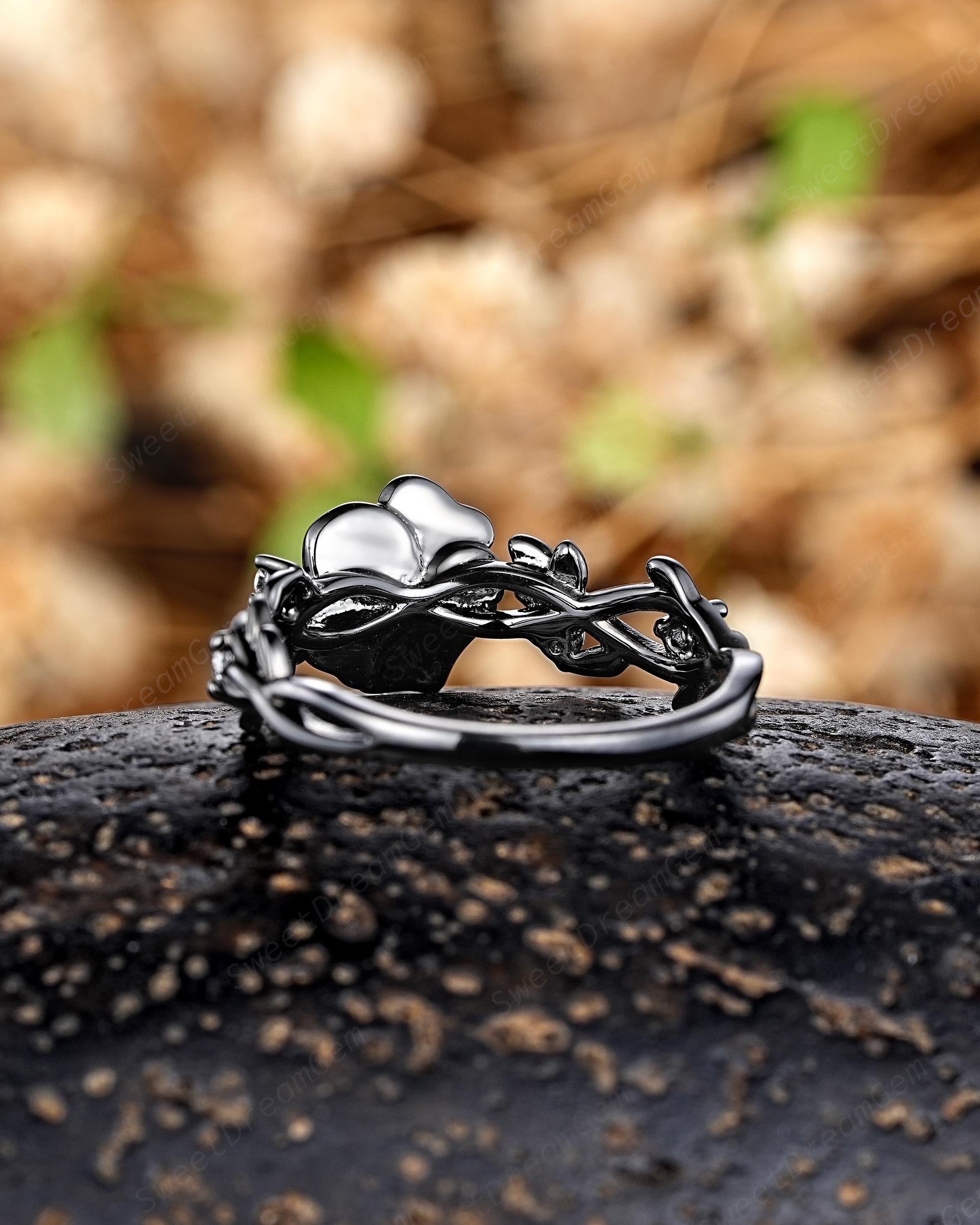 Gothic Black Gold Rose Flower Engagement Ring, Custom Leaf Natural