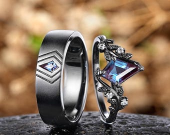 Gothic Black Gold Kite Alexandrite Couple Ring Set, Leaf Nature