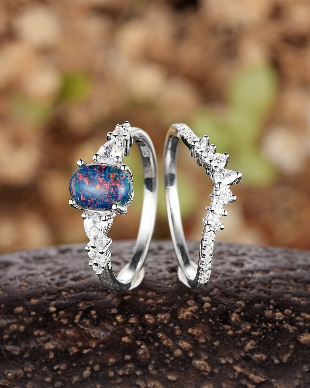Oval Black Opal Wedding Ring Set 14k Gold Fire Opal Engagement Rings — free download