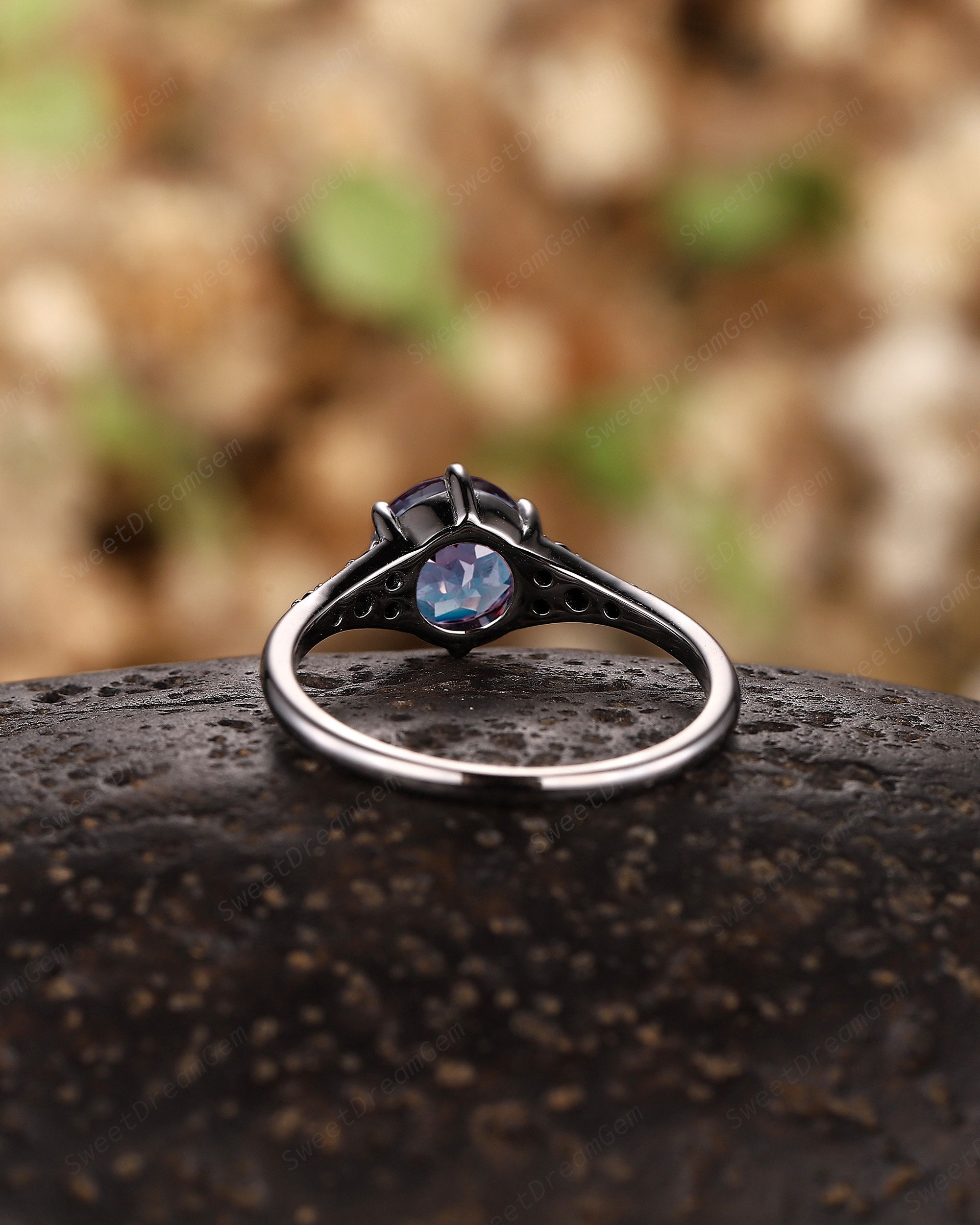 Vintage Alexandrite Black Engagement Ring, Goth Black Gold Promise