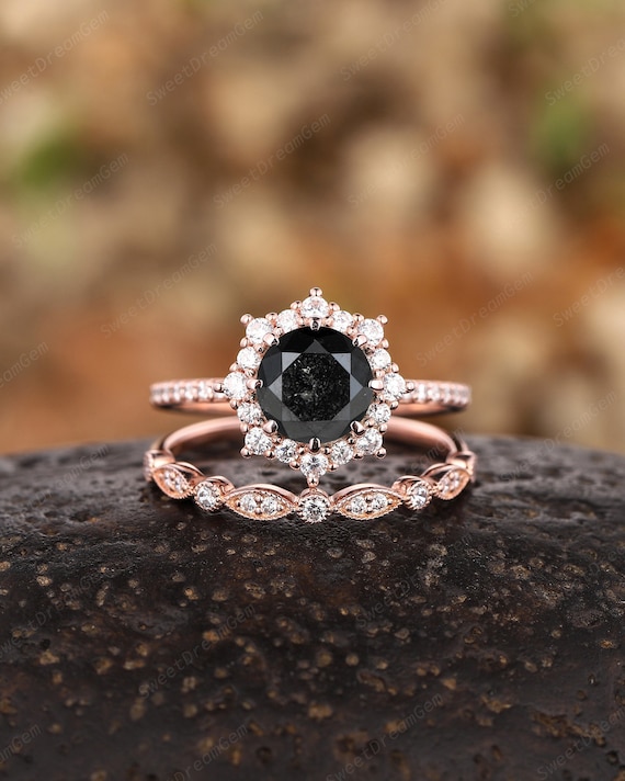 CT Round Shape Black Diamond Engagement Ring Set, 18K Rose