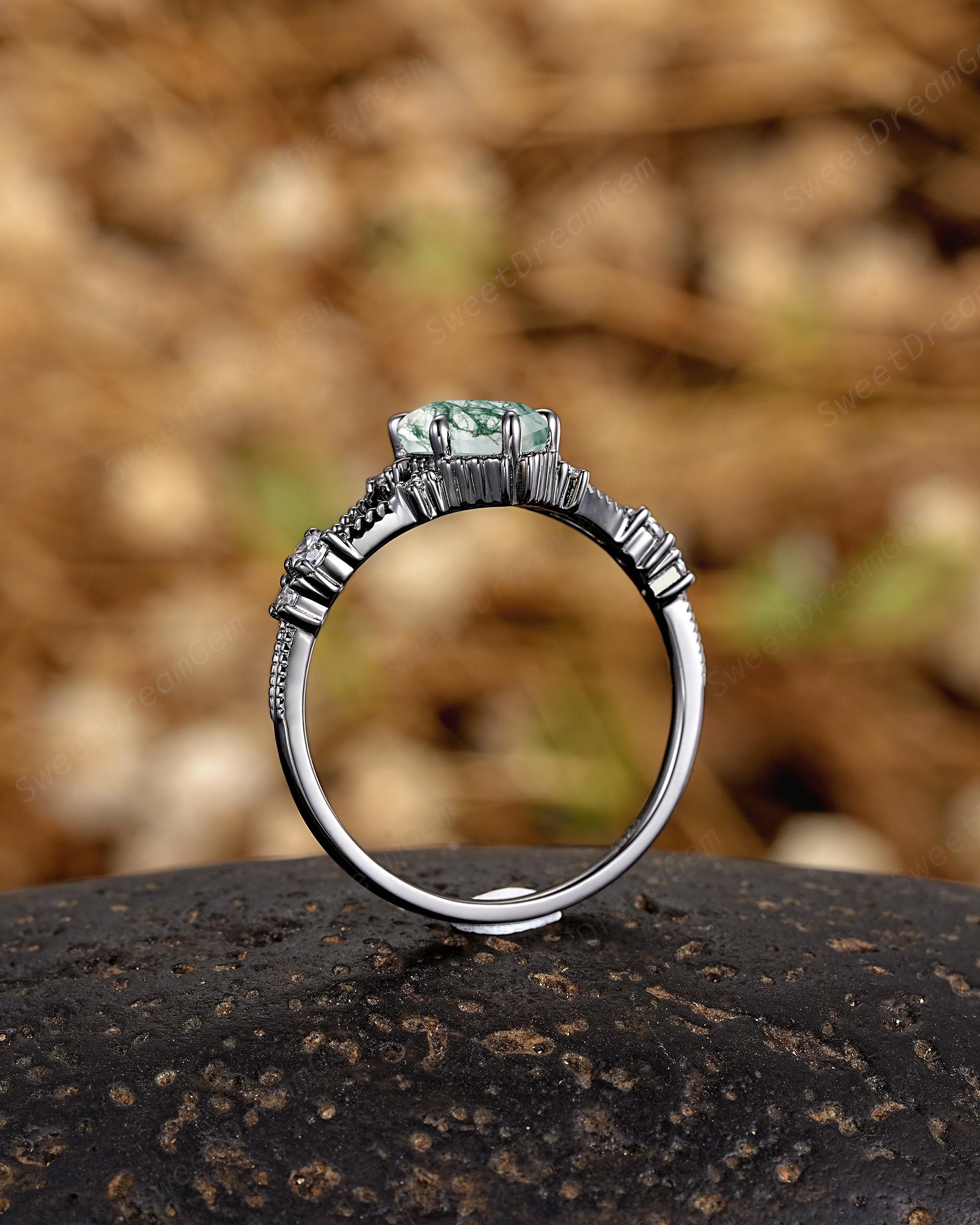 Moss Agate Couple Rings Set Custom Black Gold His and Hers Wedding
