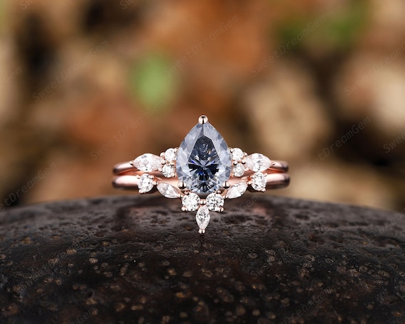 Vintage Pear Cut Gray Moissanite Bridal Set, Unique Grey