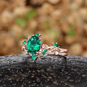 Antique Oval Emerald Leaf Engagement Ring Set Nature Inspired Leaf Wedding Band Gold Emerald Promise Ring Custom Anniversary Rings For Women image 6