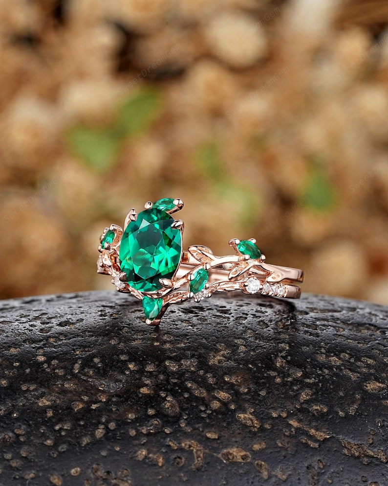 Antique Oval Emerald Leaf Engagement Ring Set Nature Inspired Leaf Wedding Band Gold Emerald Promise Ring Custom Anniversary Rings For Women image 6