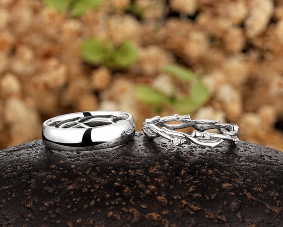 His and Hers Matching Wedding Ring, Plain Engagement Band, Twig Matching Band Couple Diamond Promise Ring Set White gold Platinum Men's Band