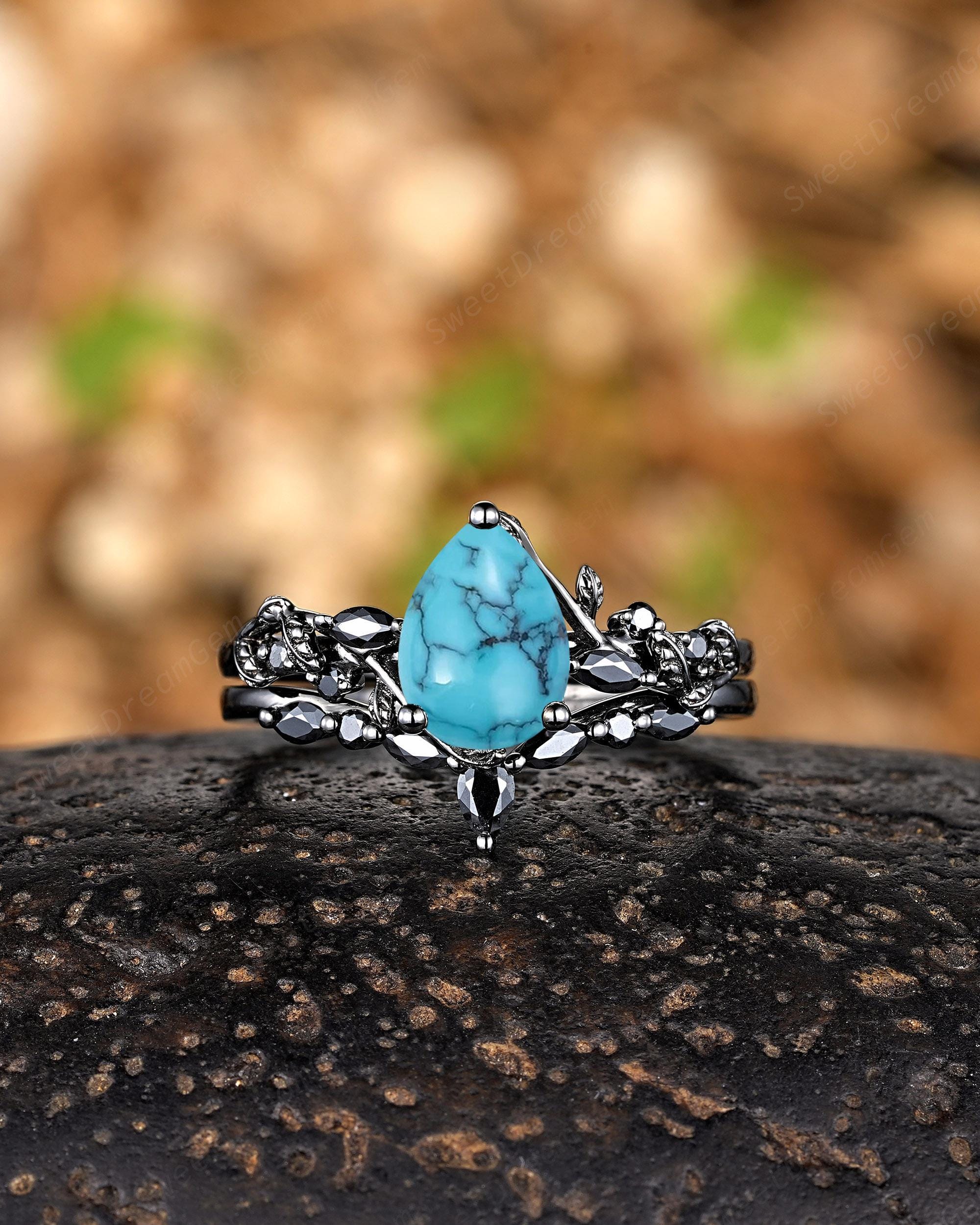 Pear Turquoise Engagement Ring Set Black Gold Western Wedding Rings for ...