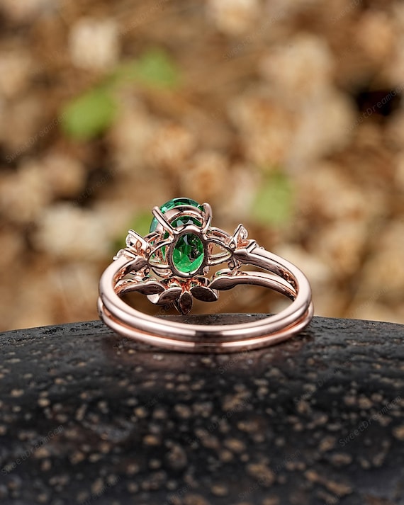 Oval Green Garnet Engagement Ring Set, 14k Gold Tsavorite