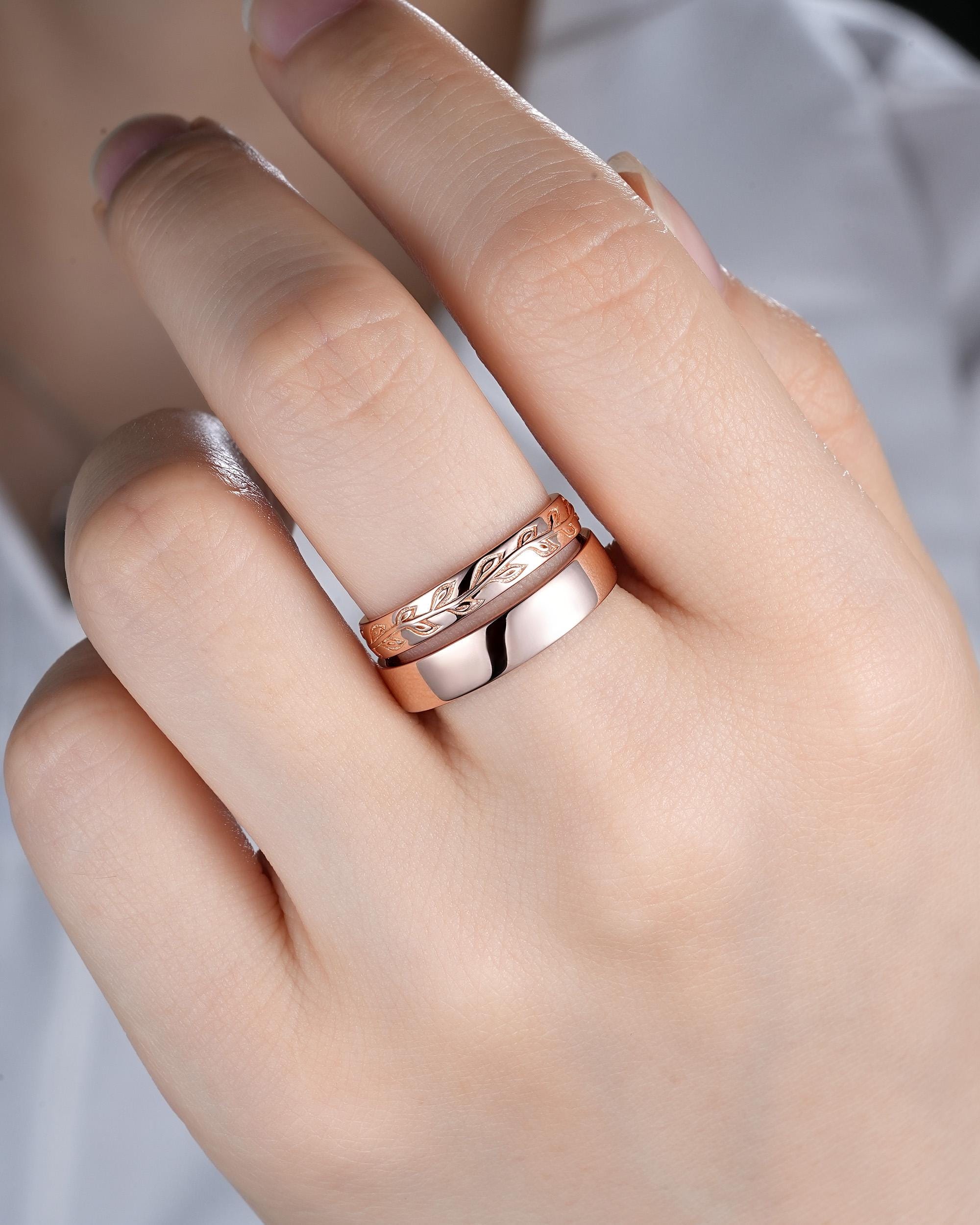 Nature Inspired Couples Ring Set 14k Gold Hand Carving Leaf