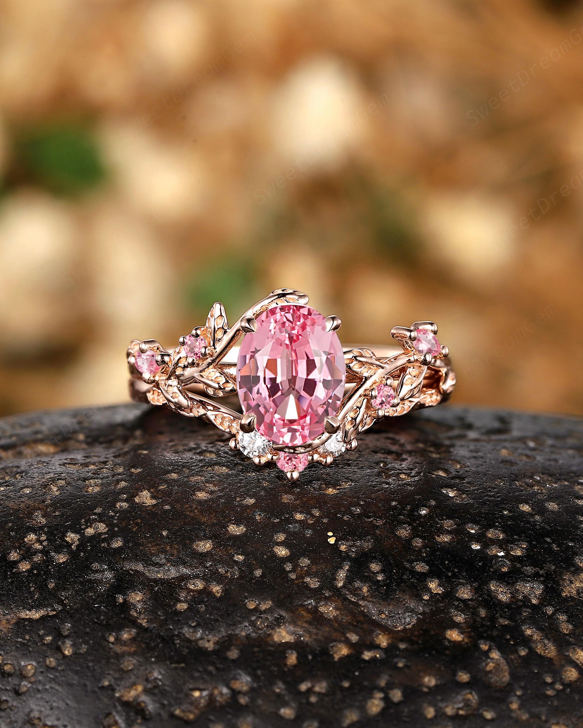 指輪・リング Pink sapphire Oval Pink Sapphire Engagement Ring Set Leaf Branch Inspired