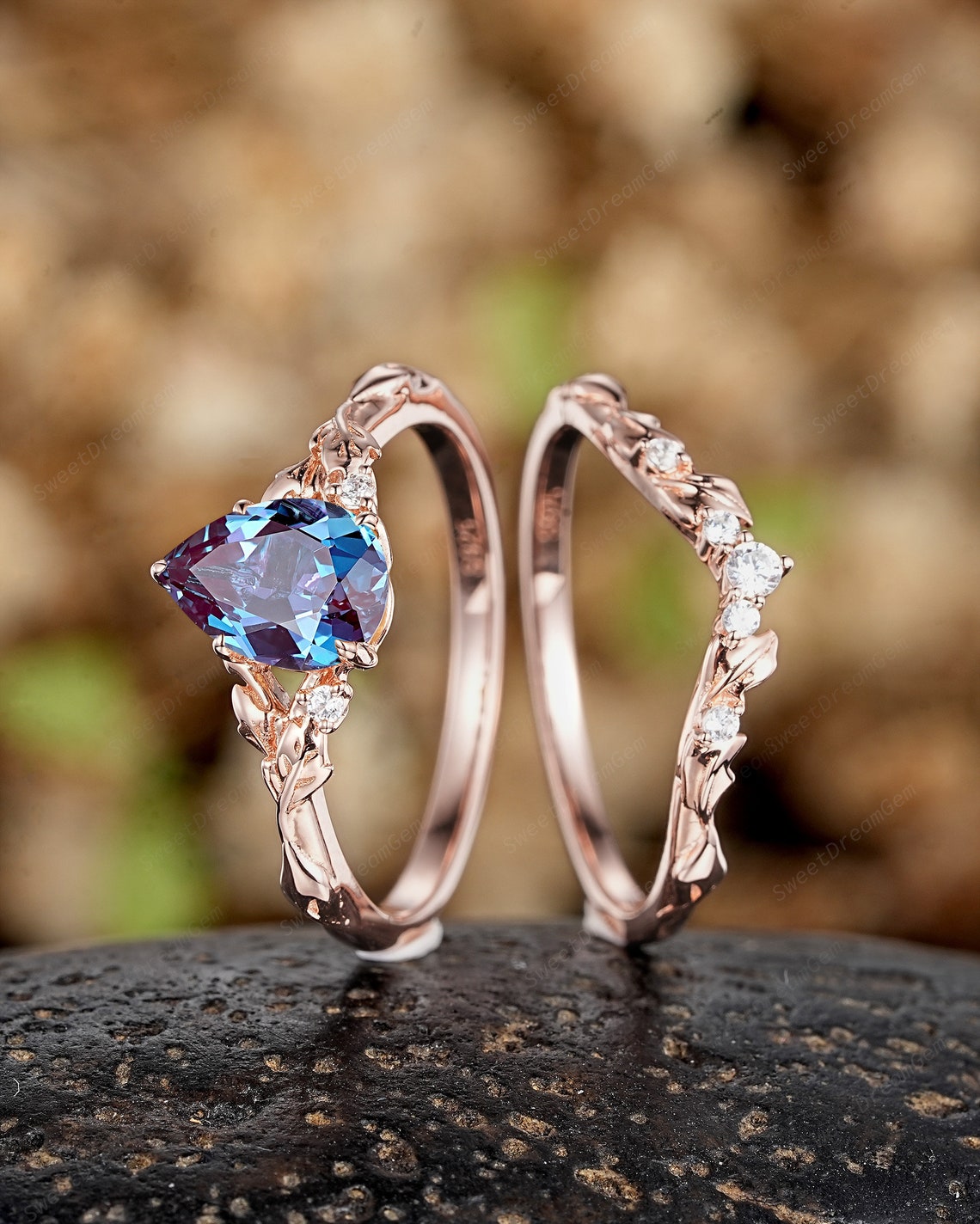 Pear Shaped Alexandrite Engagement Ring Set, Custom Leaf Nature ...