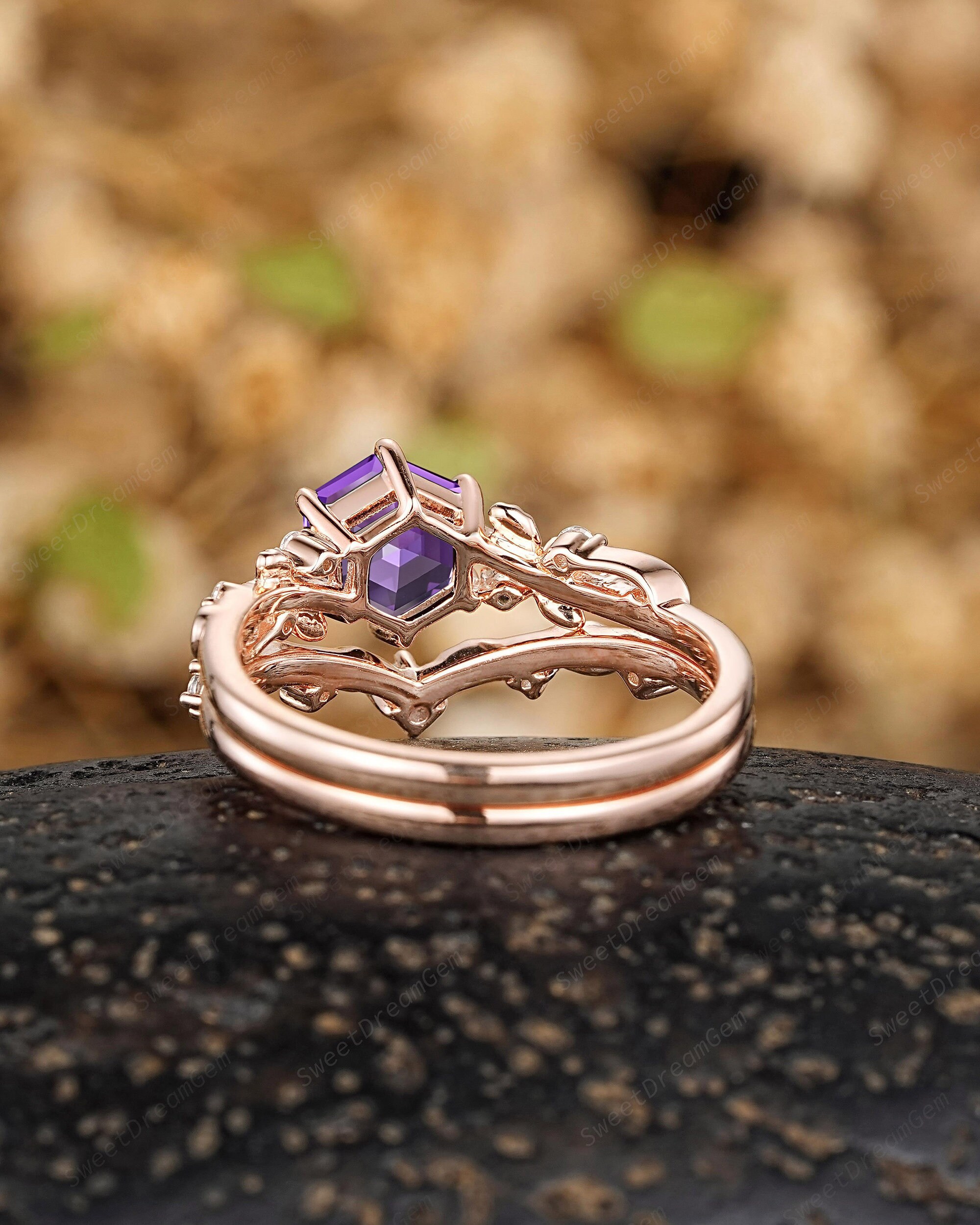 Hexagon Cut Purple Sapphire Engagement Ring Set, 14k Gold