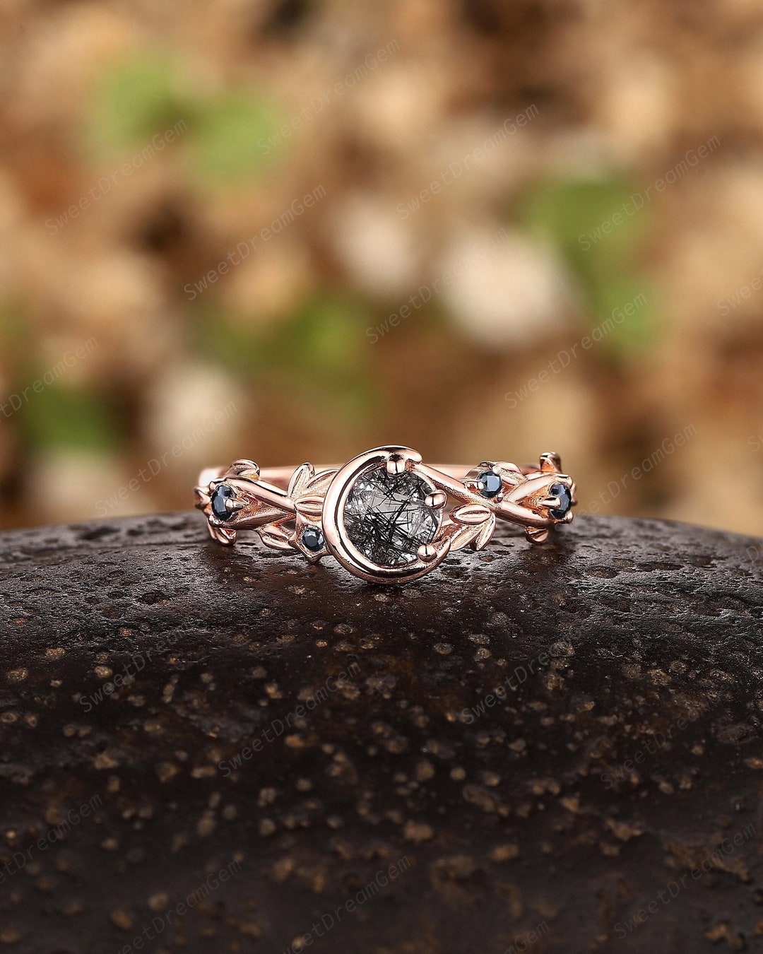 Round Balck Rutilated Quartz Engagement Ring Vintage Sailor Moon Star ...