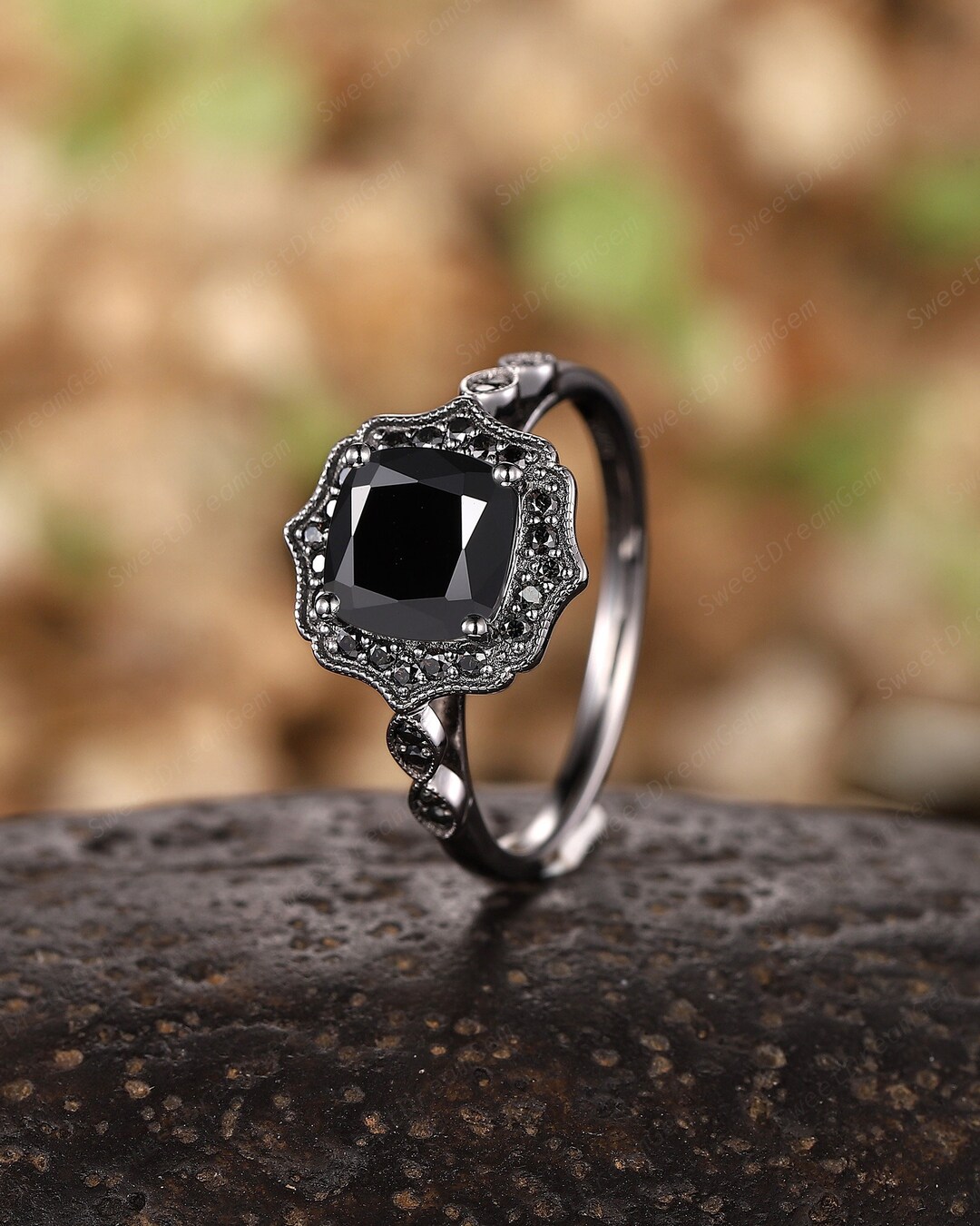 7mm Cushion Cut Black Moissanite Engagement Ring Black Gold