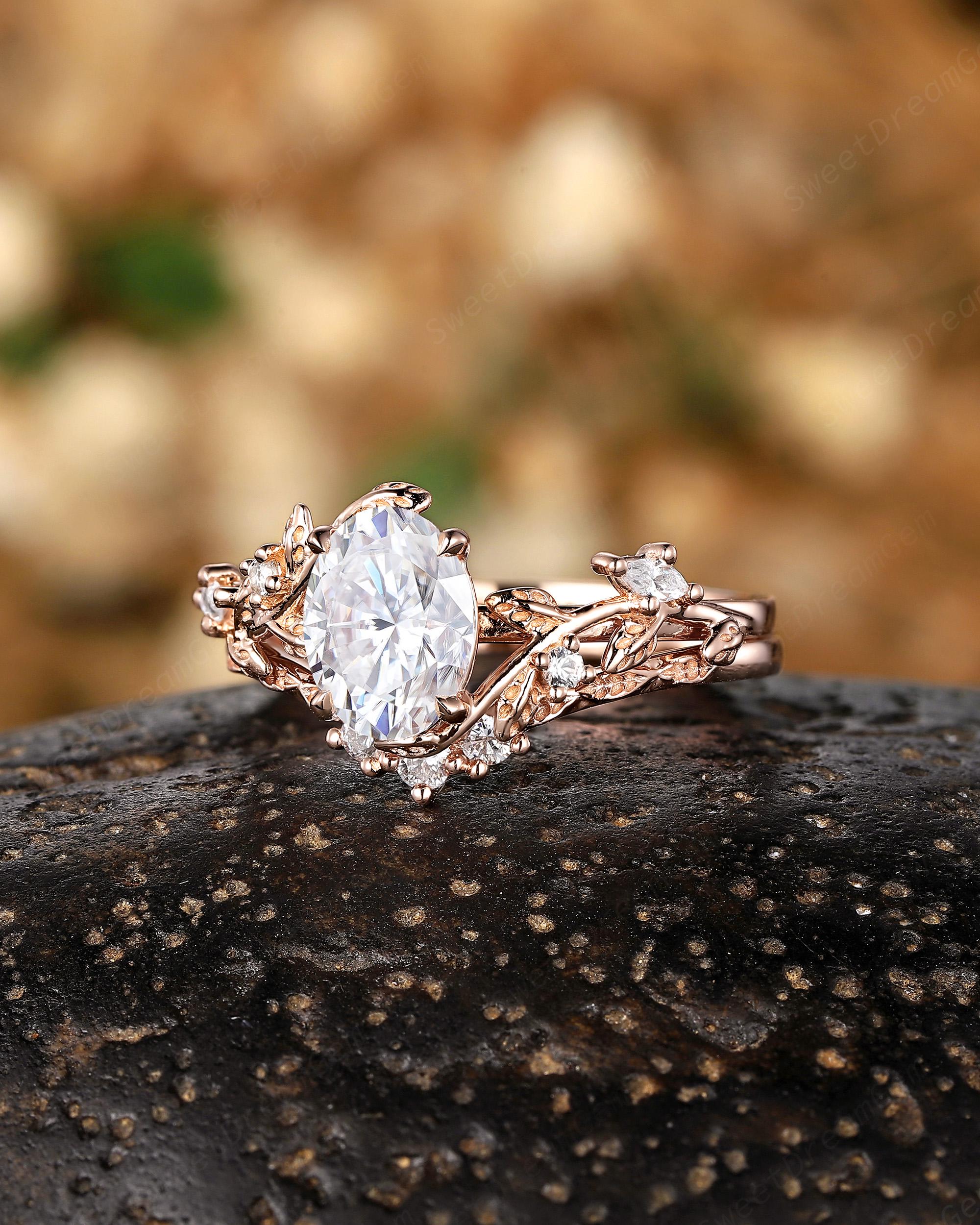 Vintage Oval Shape Moissanite Engagement Ring Set 14k Gold Anniversary ...