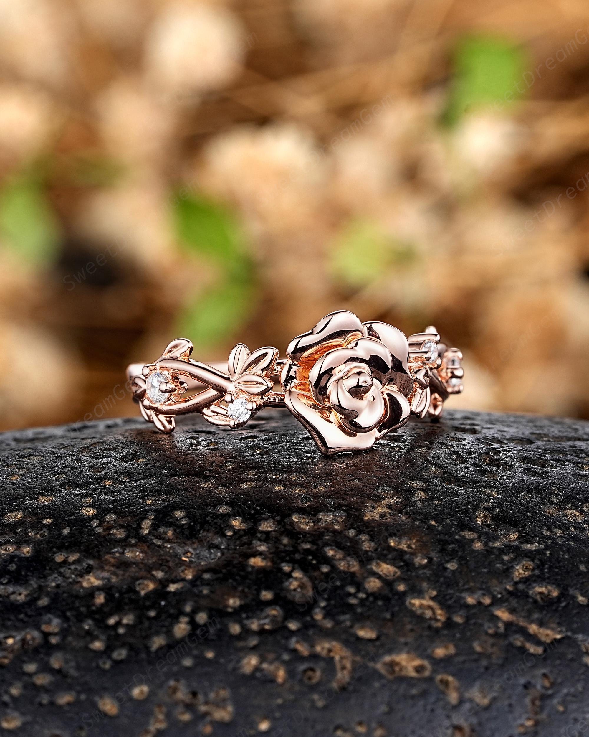 Rose Flower Engagement Ring Engagement and wedding ring set, rose flower ring, rustic  main image 3