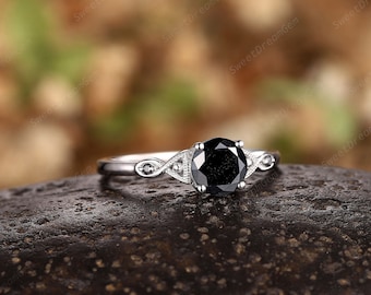 CT Roung Shape Natural Black Diamond Engagement Ring, Unique