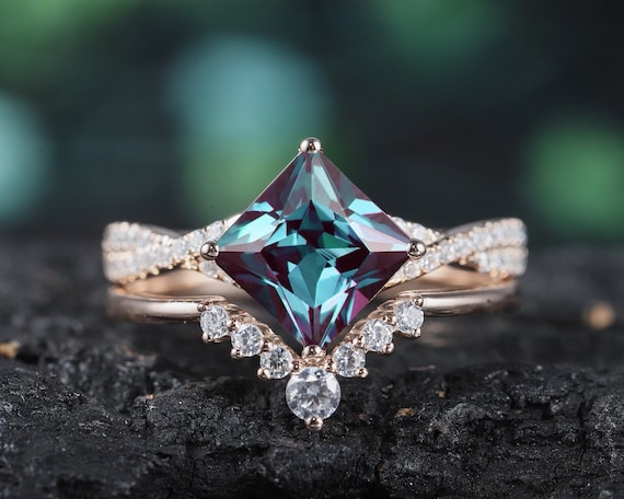 Princess Cut Alexandrite Engagement Ring Set 14K Rose Gold Anniversary Promise Rings for Women Minimalist Curved Moissanite Wedding Band Etsy