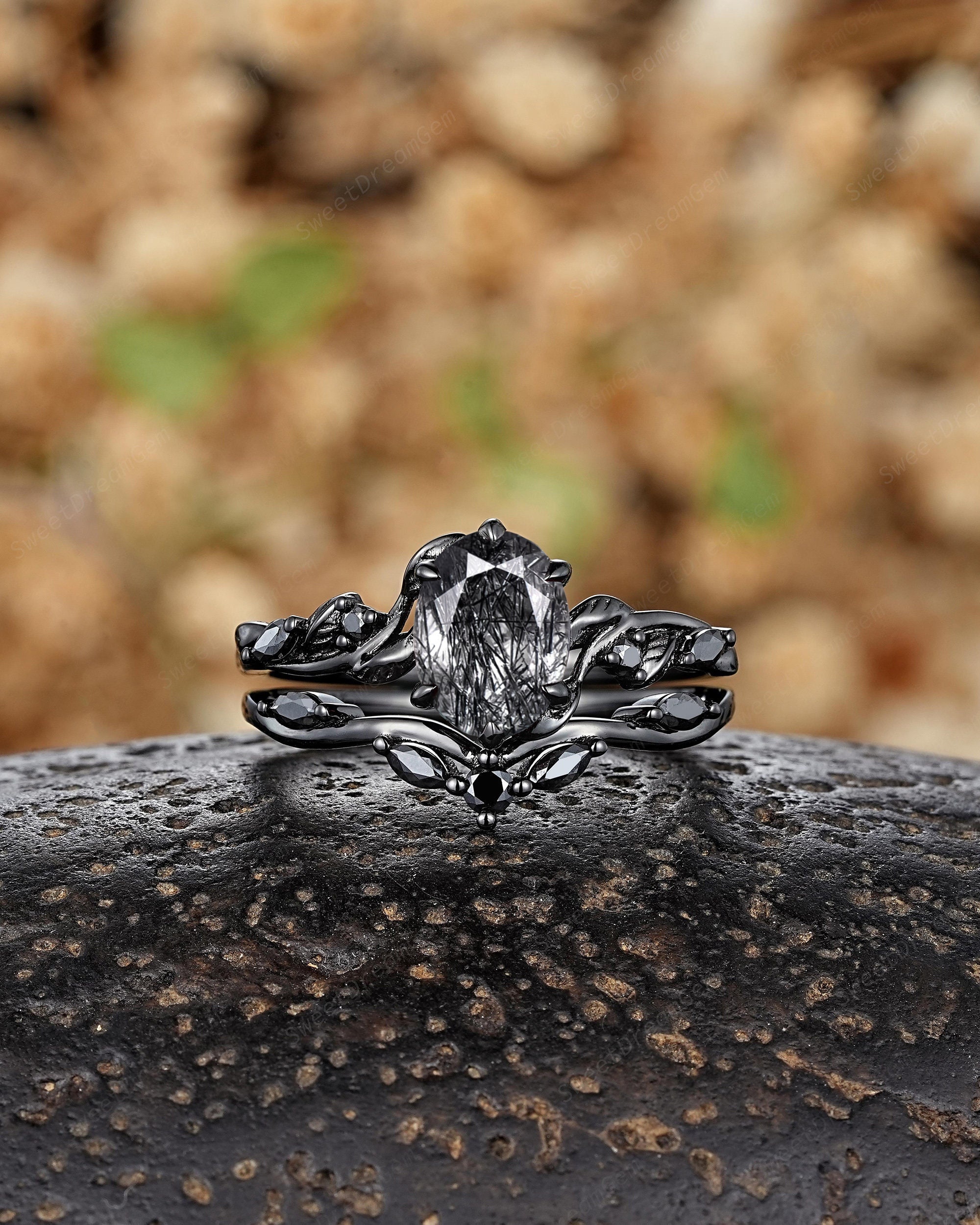 Unique Oval Black Rutilated Quartz Engagement Ring Set Gothic