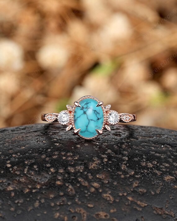 Antique Oval Turquoise Engagement Ring 14k Gold Western Promise