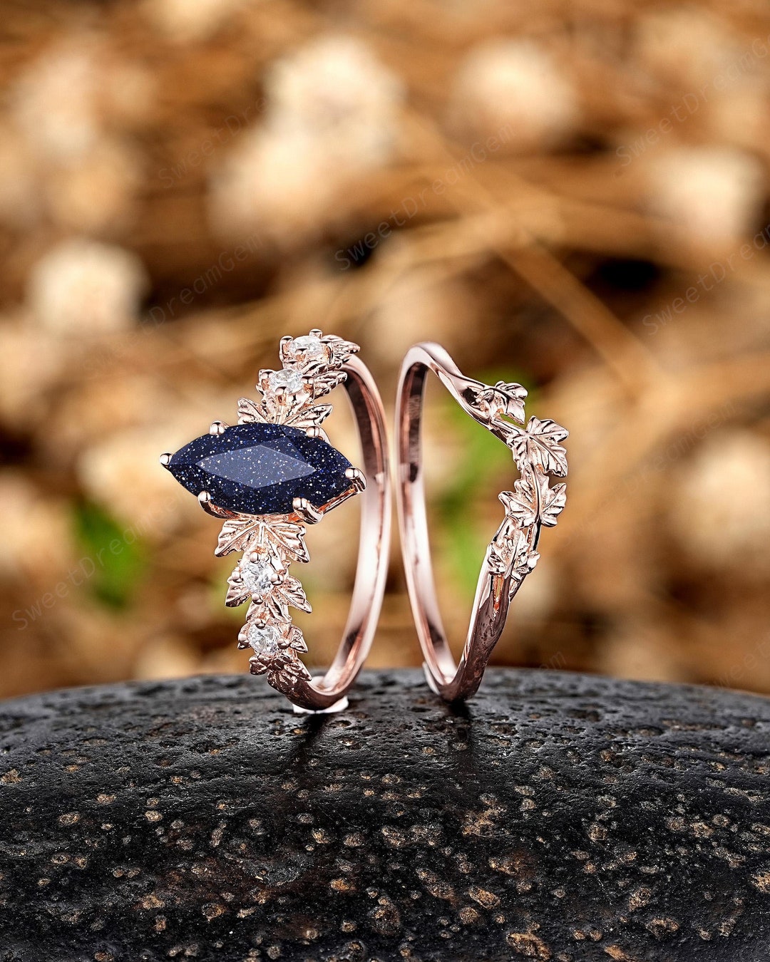 Marquise Galaxy Blue Sandstone Engagement Rings Set Rose Gold Maple ...
