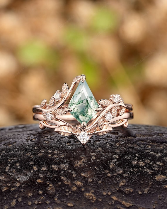 Natural Kite Cut Moss Agate Engagement Ring Set 14k Rose Gold 