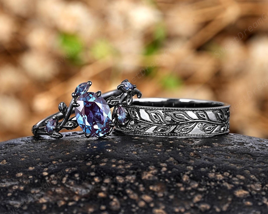 Gothic Black Gold Leaf Couple Ring Set, Oval Alexandrite