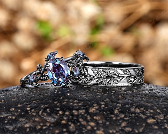 Gothic Black Gold Leaf Couple Ring Set, Oval Alexandrite