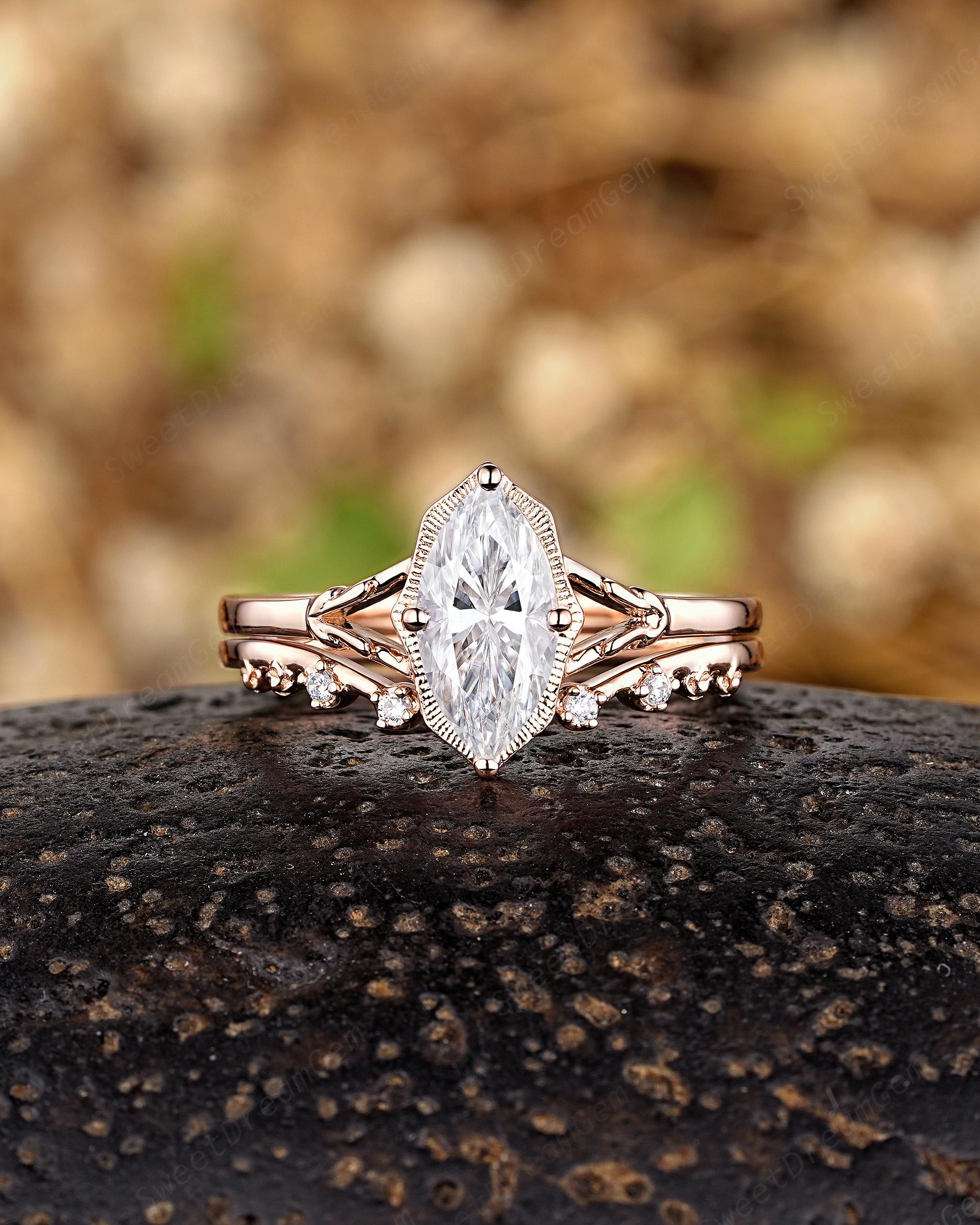 Marquise Cut Moissanite Engagement Ring Set Custom Split Shank Promise ...