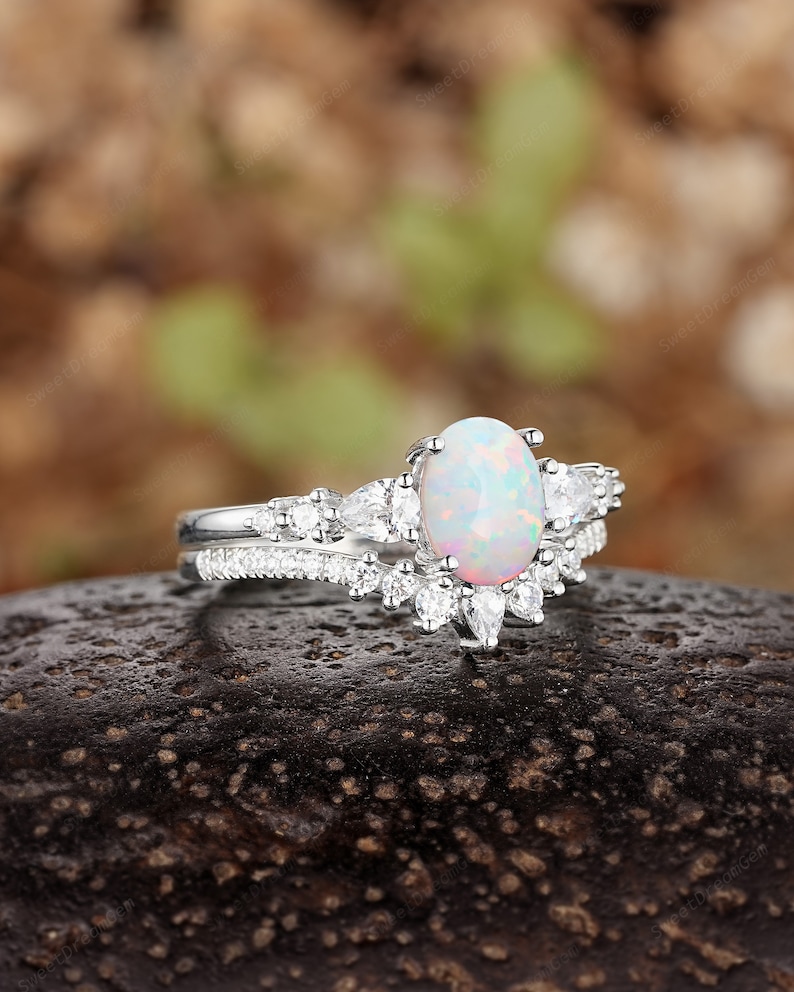 Vintage Oval White Opal Engagement Ring Set Unique White Gold Etsy
