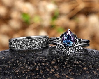Gothic Celtic Knot Couple Rings Set Black Gold Alexandrite His and - Main Image