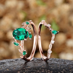 Antique Oval Emerald Leaf Engagement Ring Set Nature Inspired Leaf Wedding Band Gold Emerald Promise Ring Custom Anniversary Rings For Women image 5