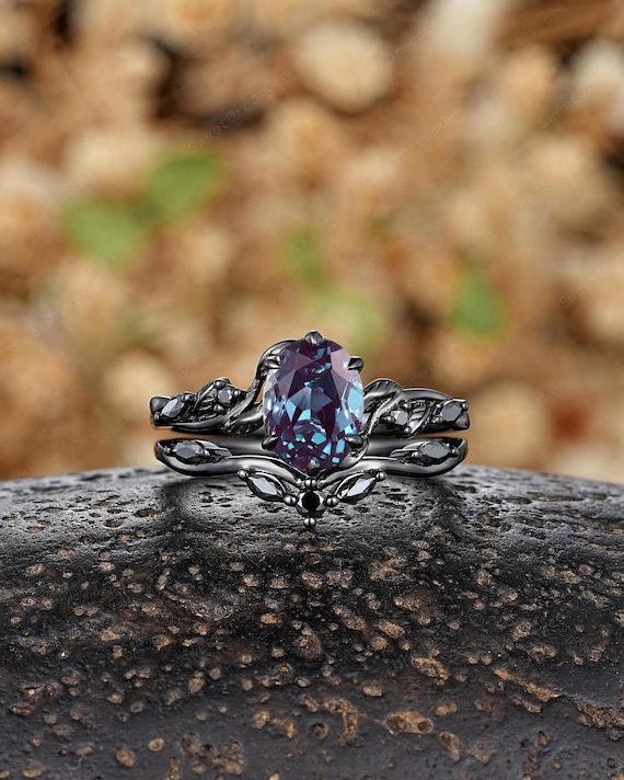 Unique Oval Black Rutilated Quartz Engagement Ring Set Gothic