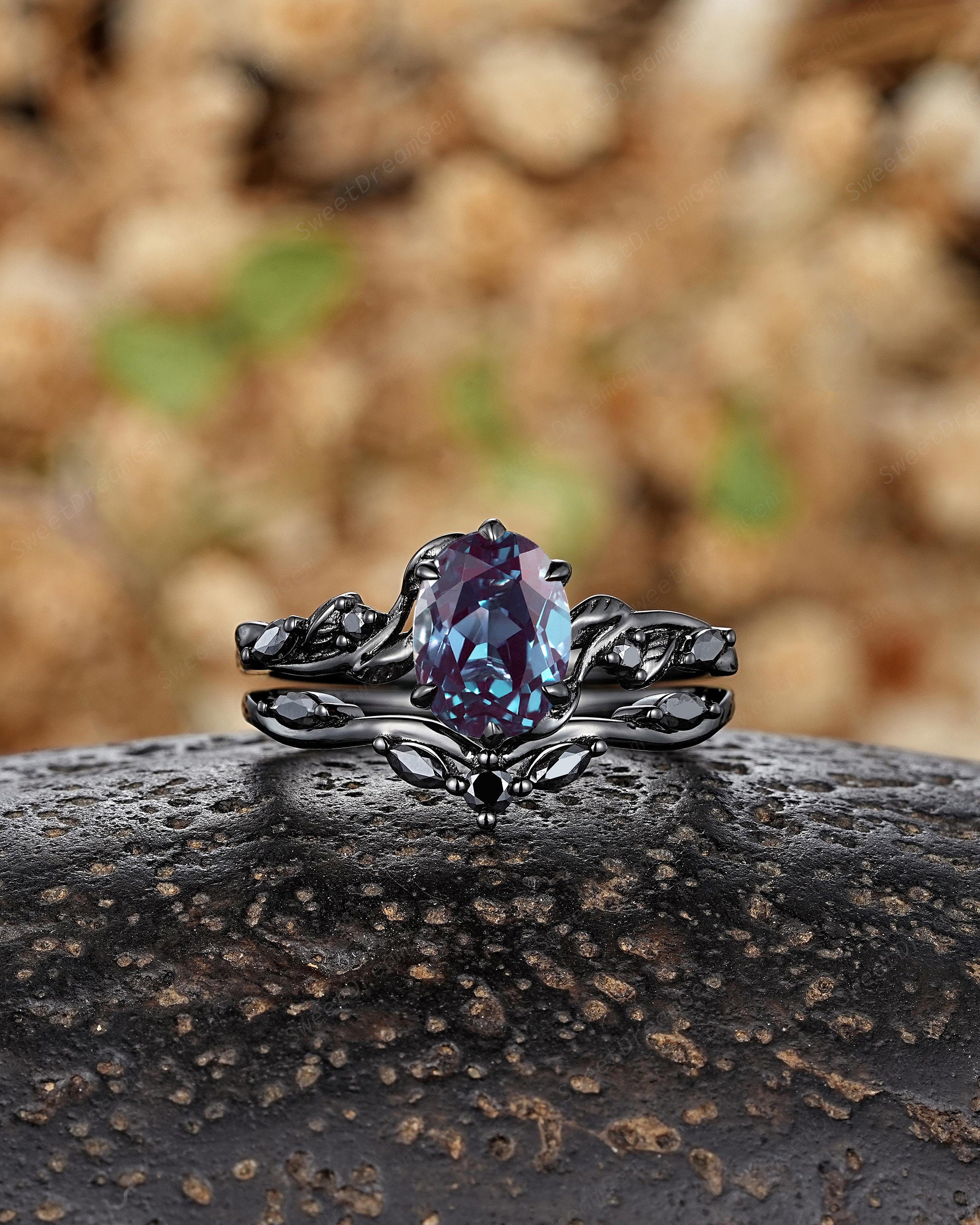 Unique Oval Black Rutilated Quartz Engagement Ring Set Gothic