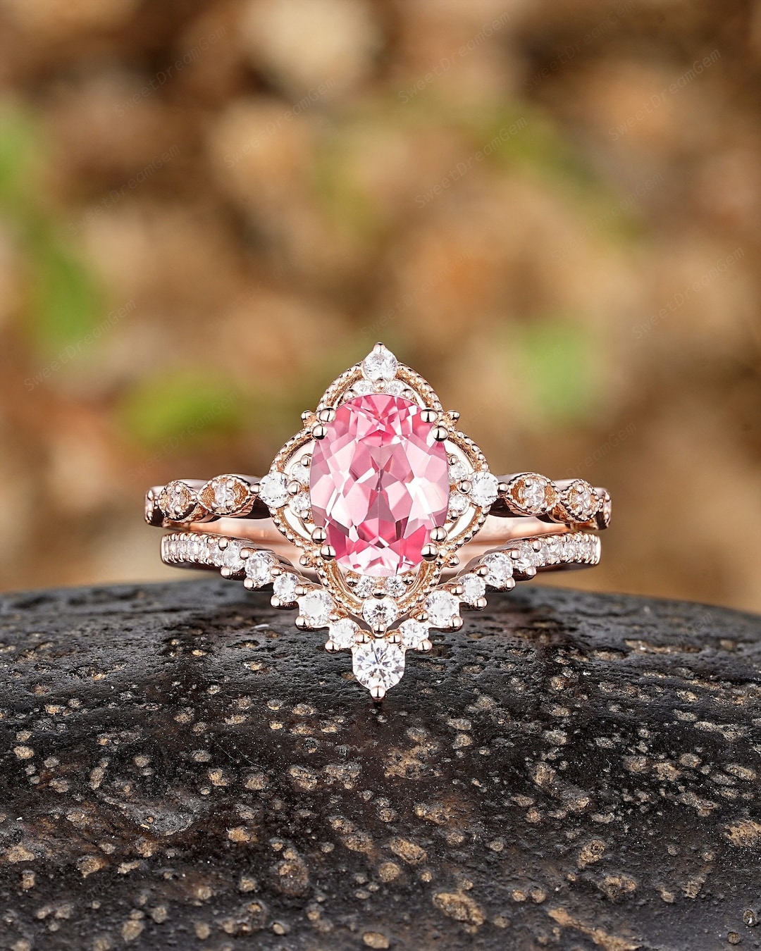Oval Pink Sapphire Engagement Rings Vintage Cluster Moissanite