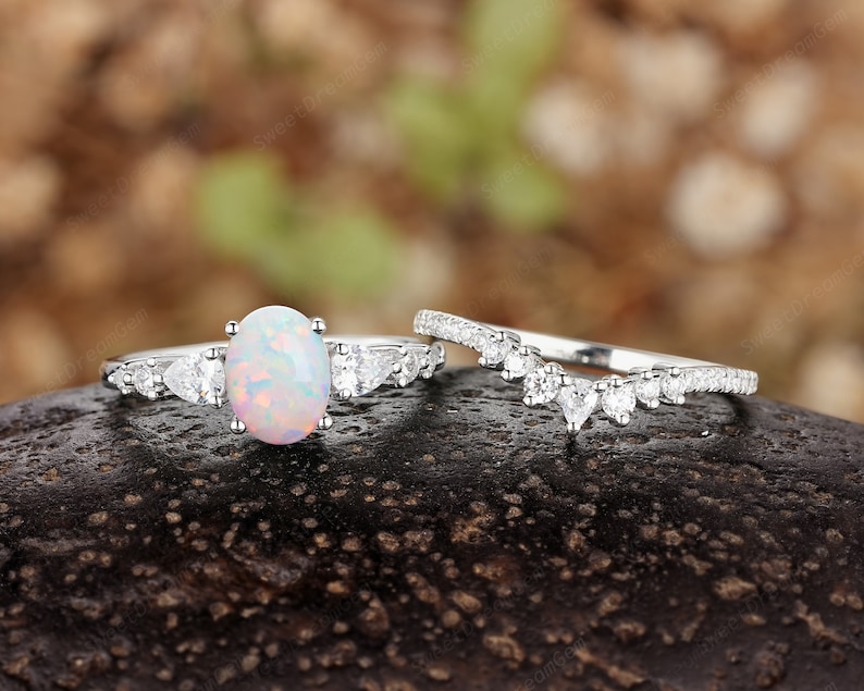 Vintage Oval White Opal Engagement Ring Set Unique White Gold Etsy