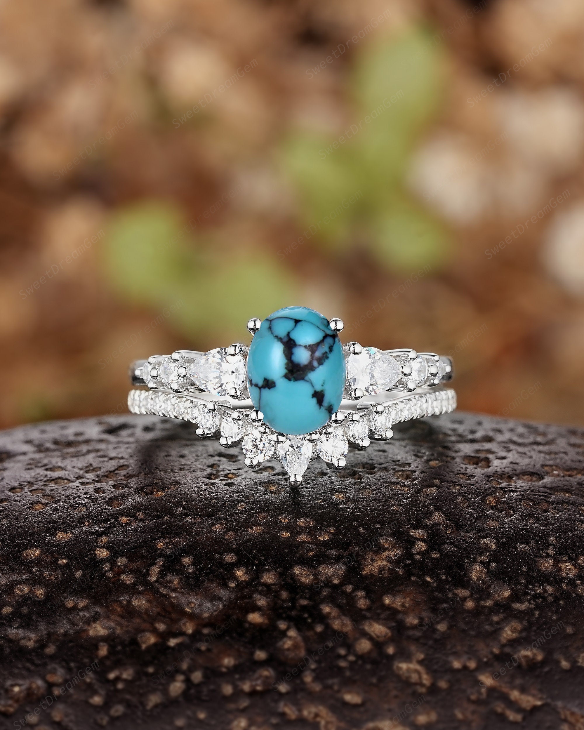 Oval Turquoise Engagement Ring Set 14k White Gold Wedding