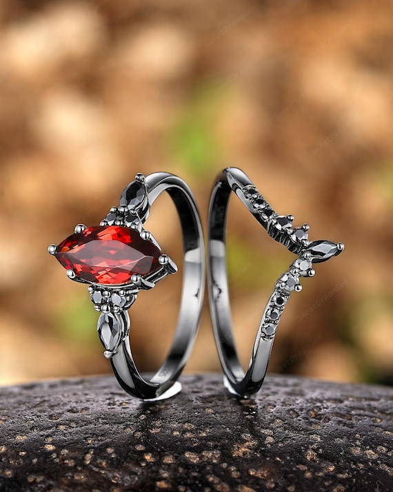 Marquise Garnet Engagement Ring Set Gothic Black Gold Moissanite Wedding Rings Vintage Wedding Band Red Garnet Promise Anniversary Ring Gift Etsy