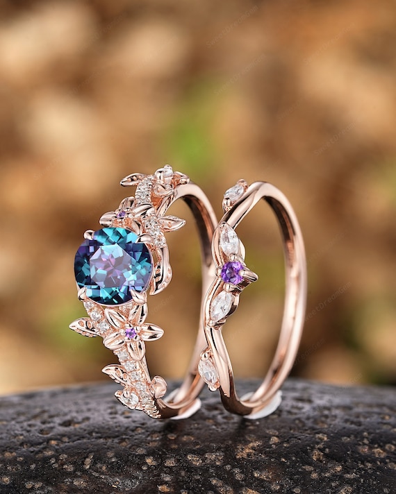 Round Floral Alexandrite Engagement Ring Set Nature Inspired Leaf