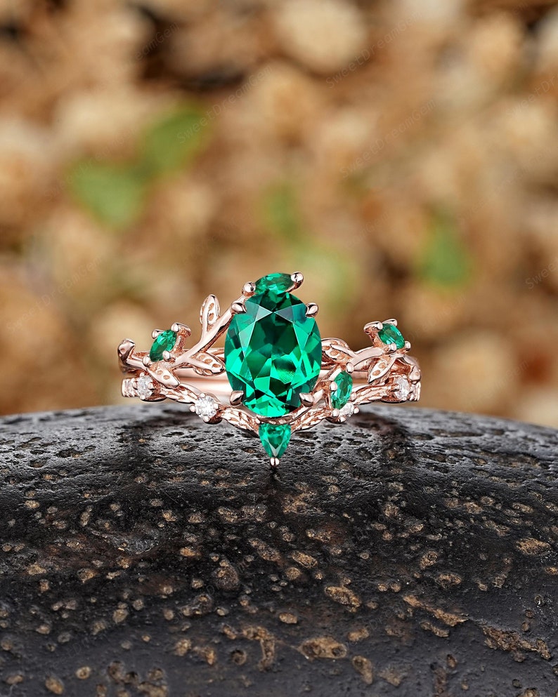 Antique Oval Emerald Leaf Engagement Ring Set Nature Inspired Leaf Wedding Band Gold Emerald Promise Ring Custom Anniversary Rings For Women image 1