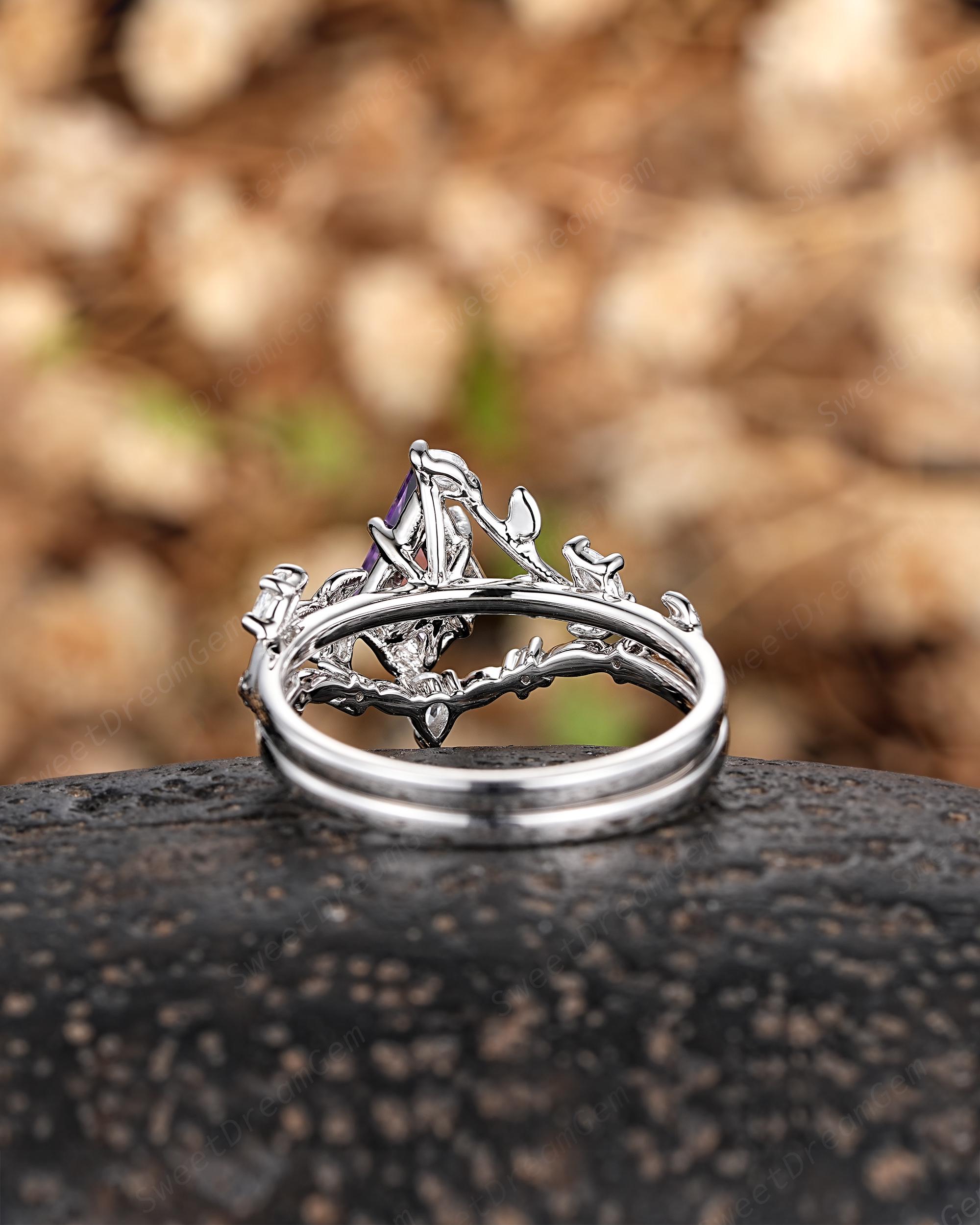 カイトカットアメジスト結婚指輪セット カスタムリーフブランチ自然