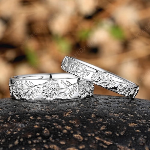 5mm Marigold Leaf Floral Couple Ring Set Vintage 14k White Gold