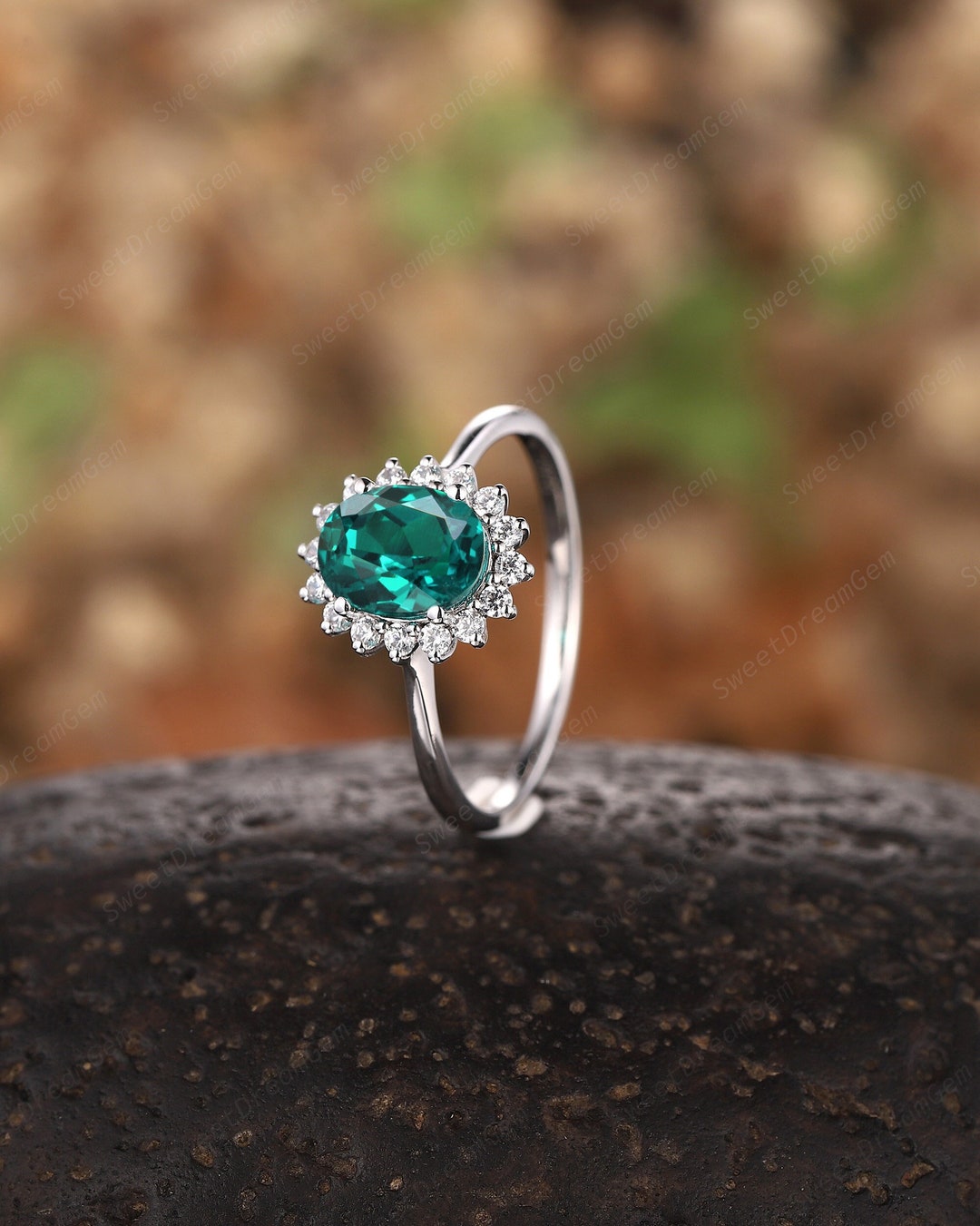 Unique Oval Cut Emerald Engagement Ring, Vintage 14K White Gold Cluster