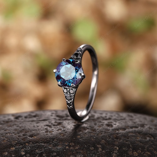 Vintage Alexandrite Black Engagement Ring, Goth Black Gold Promise